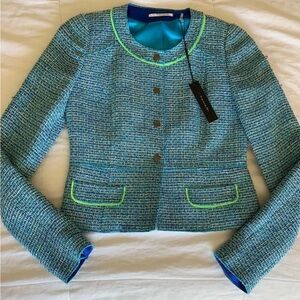 T Tahari Women's Jacket Tweed TurquoiseFully Lined Willow Jacket Size 2 NWT